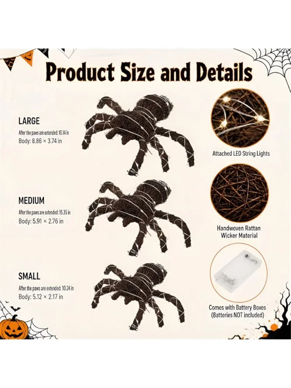 3 Pcs Halloween Rattan Woven Fake Spider Decor with String Lights